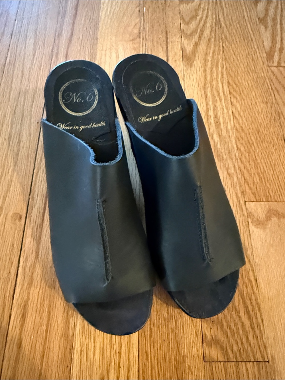 No. 6 sz EU 37 US Daria Wedge w/ seam Black Leather Open-Toe Slide Heels great c